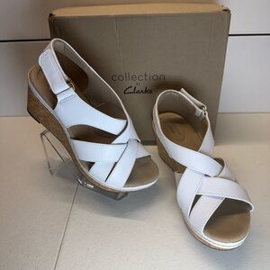 Clarks Annadel Pearl Wedge Sandals Criss Cross Leather Straps Cork Wrapped Heel